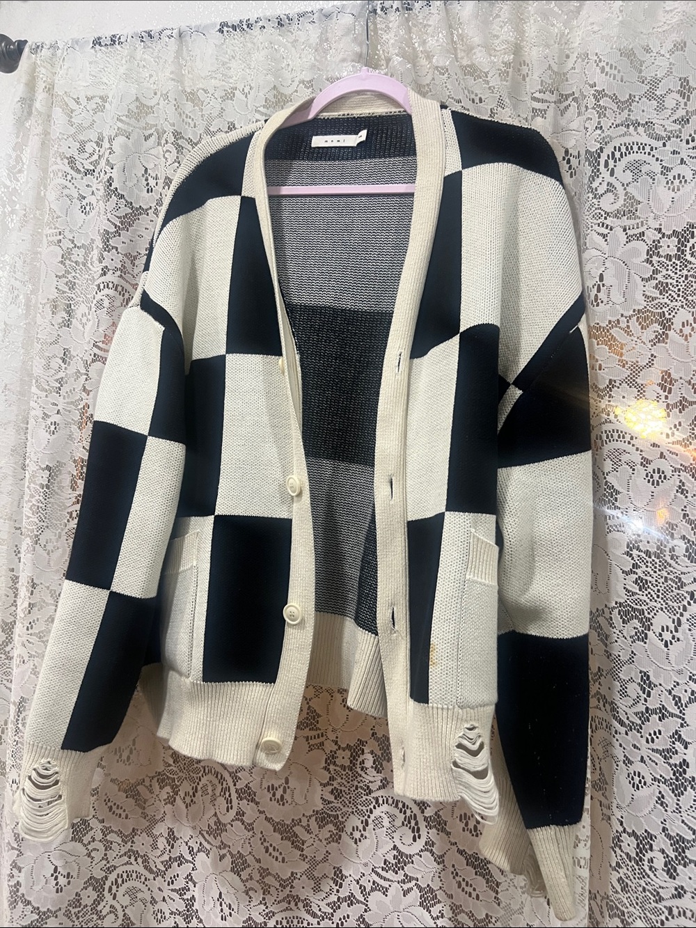 MNML Checkerboard Open Front Cardigan - Black & Cream